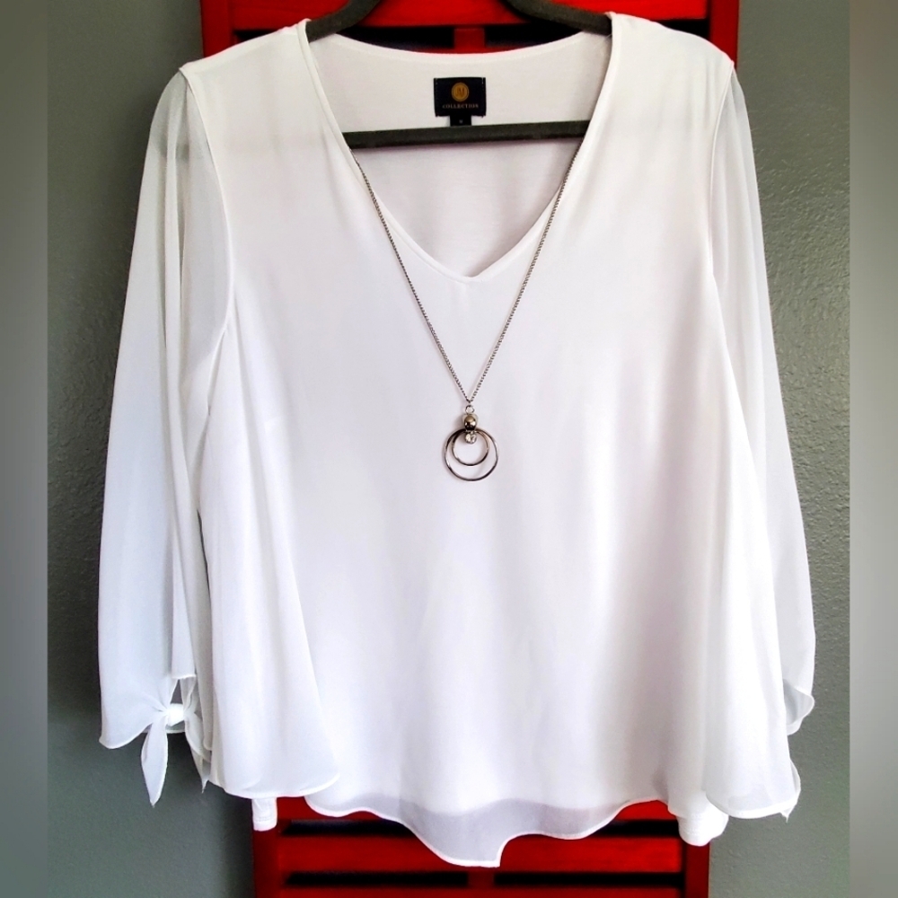 NWOT JM Collection Sz M White & chiffon overlay detachable necklace sheer arms